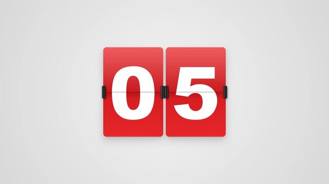 Premium 3D animated flip clock countdown from 10 to 01 featuring glossy red split-flap panels, metallic hinges, and highly realistic falling card physics on a clean light background.