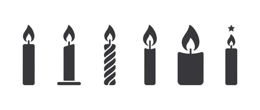 Candle icons with different styles and flames. Birthday celebration symbols. Candle, birthday candle, sparkler, taper candle, pillar candle, votive candle. Minimalist design for invitations, cards,.