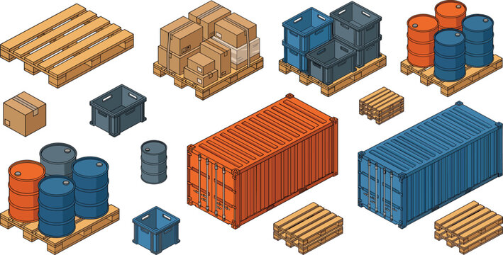 Isometric Logistics Cargo Vector Icon Set Featuring Shipping Containers Wooden Pallets Cardboard Boxes Plastic Crates and Storage Oil Drums for Warehouse Transport Designs