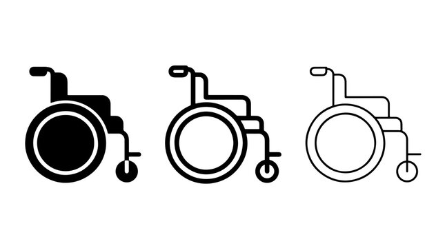 Black wheelchair icons set in solid and outline graphic styles
