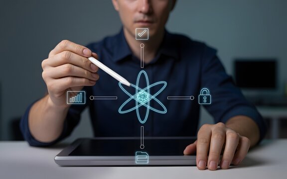 Man using digital pen interacting with atom model on tablet screen