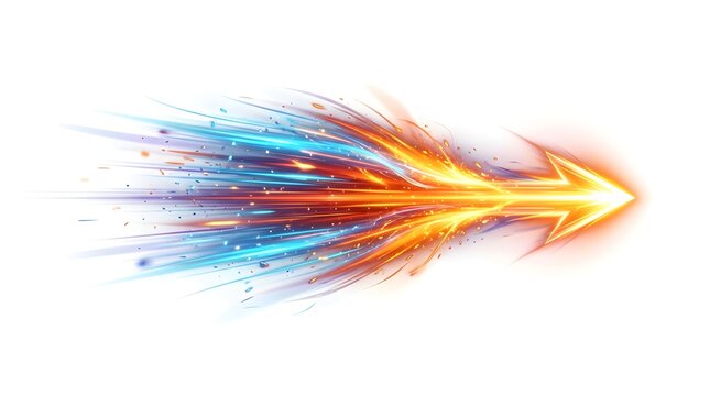 Abstract glowing arrow symbol with dynamic fire and blue light motion