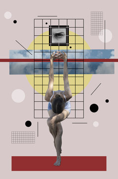 Collage art with a standing woman and eye