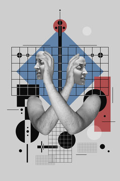 Collage art with a two crossed  hands holding faces