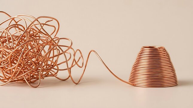 Coiled copper wire forming neat conical shape sitting next to chaotic tangled mess on neutral backdrop.