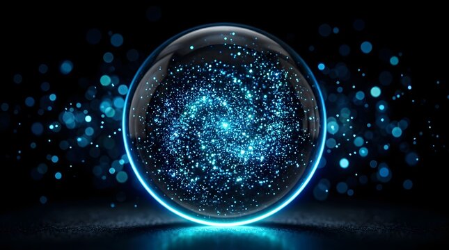 Glowing glass sphere filled with sparkling cyan dust particles and vibrant blue light glowing against a dark reflective surface during a magical night time digital art rendering composition