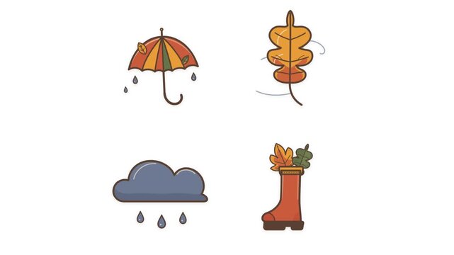 Hand drawn autumn weather icon collection featuring rainy autumn umbrella, wind-blown leaf, rain cloud, and rain boot with leaves in warm seasonal colors.