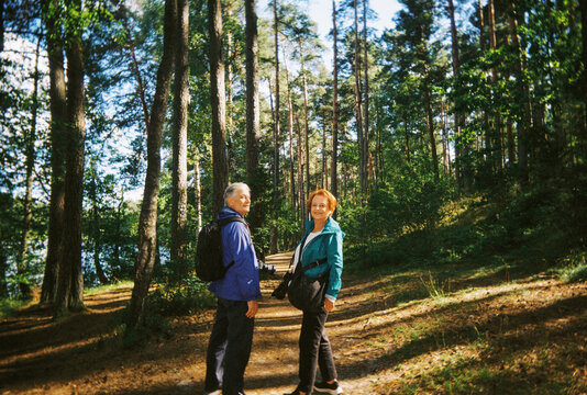 Seniors Walk on Forest Path Near Water on a Sunny Day