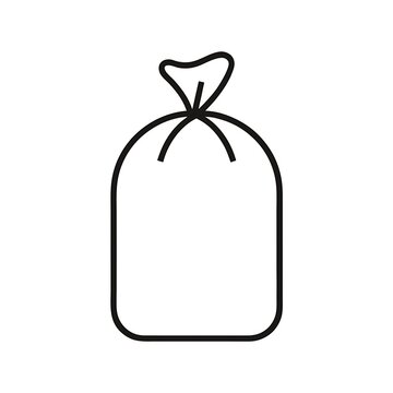 Minimalist black outline vector icon representing a tied sack or garbage bag