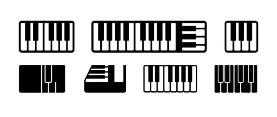 Obraz premium Black and white piano keyboard icons on transparent background. Minimalist musical note symbols. Keys, treble, bass, clefs, rests. Vector illustration.