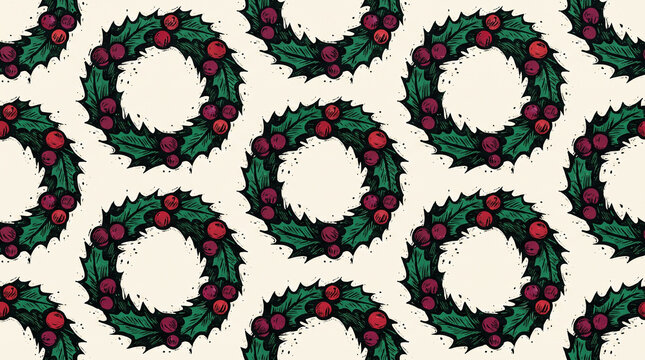 Vintage Christmas wreath pattern with holly leaves and red berries on beige. Retro festive seamless design for holiday wrapping and backgrounds.