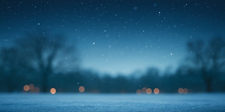 Frozen lake reflects faint lights under snowy night sky