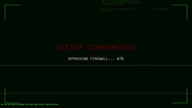 Digital screen warning showing system compromised error message, cybersecurity alert, data breach, network security failure, hacking threat