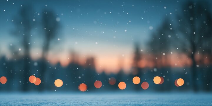 Blurred snowy evening with bokeh lights and soft blue hues