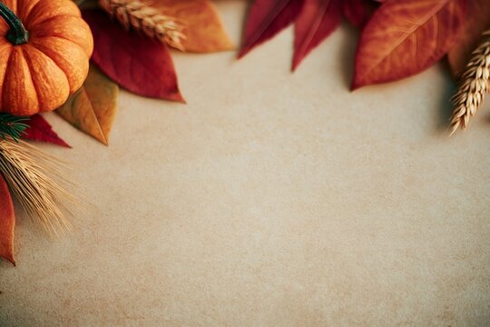 Fall leaves, pumpkin, and wheat form autumn border