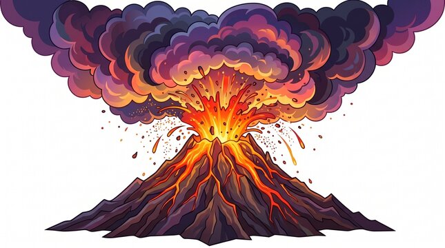 Erupting Volcano with Flowing Lava and Ash Isolated on White Background