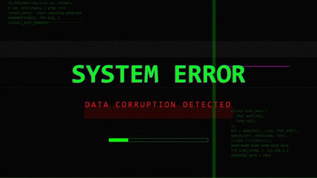 System error notification with data corruption warning, retro computer screen glitch, technology failure and cybersecurity alert