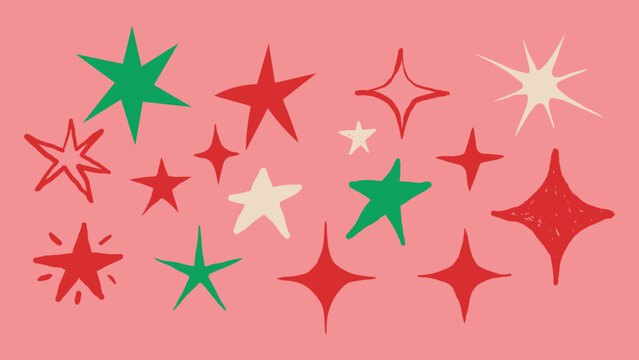 Hand-drawn Doodle Stars Isolated on Pink Background. Rough doodle sparks - twinkles.