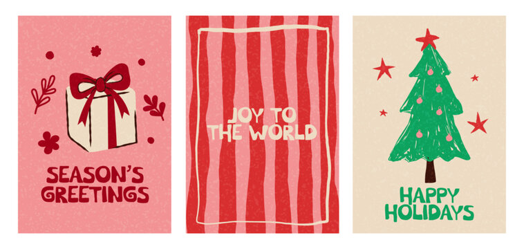 Contemporary Christmas Greeting Card Design Set With Hand Drawn Gift Box, Pine Tree, Floral Decoration And Typography.