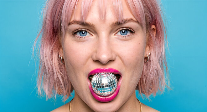 Portrait of a young woman with bright pink hair and elaborate grillz in her mouth against a blue background