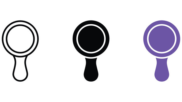 Three variations of a hand mirror featuring a circular glass frame and a handle in outline, solid black, and solid purple color styles