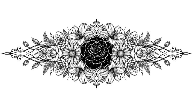 Gothic floral tattoo design, black ink rose ornament illustration, intricate flower bouquet header vector art, ornate floral line art vignette