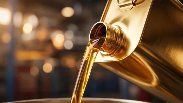 Close-up shot of golden yellow motor oil pouring from metal canister into funnel with blurry industrial background footage.