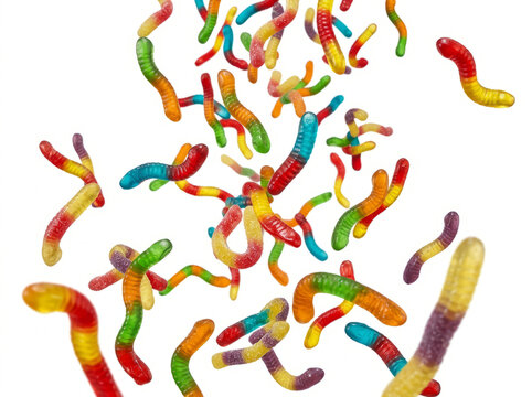 Colorful sweet gummy worms falling down isolated on white