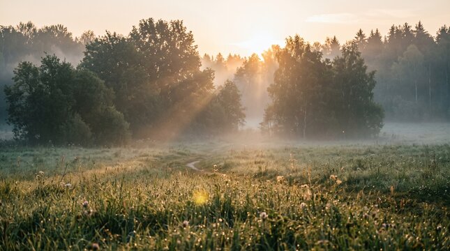 Golden sunbeams filtering through foggy forest trees over dewy meadow at sunrise
