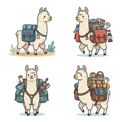 Fototapeta premium Four cartoon llamas with colorful backpacks and travel gear.