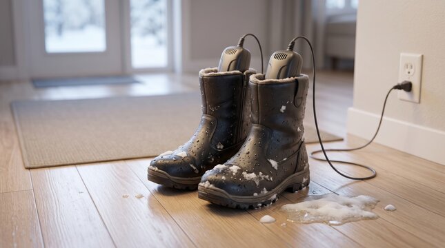 Snowy winter boots with electric boot dryers plugged into a wall outlet on a wooden floor at home entryway, representing winter shoe care, drying wet footwear and cozy home routine