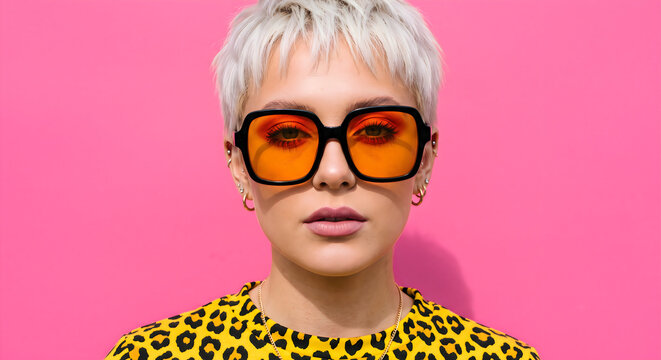 Stylish woman with short silver hair and oversized sunglasses against a vibrant pink background fashion portrait