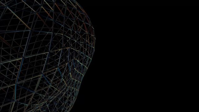 3D Metallic Wireframe Mesh Sphere Rotating Left Corner Seamless Loop Video, Abstract Futuristic Polygon Grid Motion Graphics, Cybernetic Black Metal Lattice Axis Spin Animation &ndash; Dark chrome polygonal