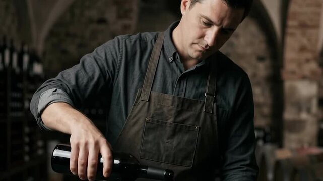A winemaker meticulously pours red wine from a bottle into a glass, set in the rustic ambiance of a traditional wine cellar, with racks of aging bottles visible in the background.