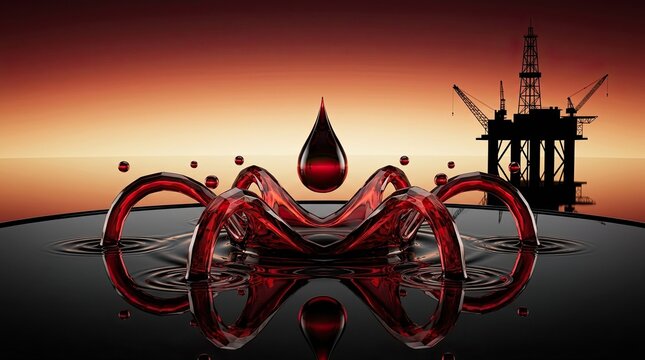 Abstract Red Oil Splash and Drop with Offshore Oil Rig Silhouette at Sunset