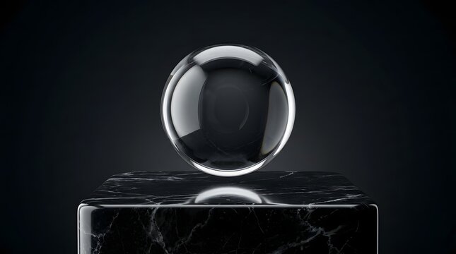 A clear glass sphere levitating above a polished black marble pedestal against a dark background, minimalist product display concept