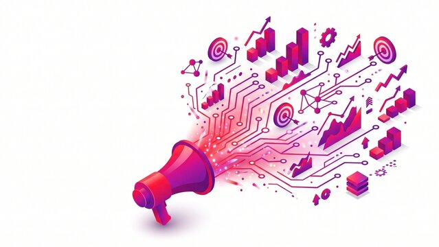 Multi Channel Campaign Performance Megaphone with Digital Marketing ROI Bar Graphs Isometric Vector Illustration