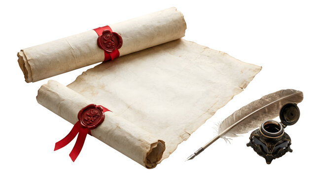 Ancient documents with wax seals and quill pen on black background