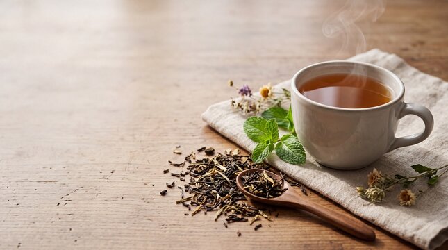 Steaming herbal infusion in white ceramic mug with fresh mint leaves and dried tea blend on wooden surface for calm beverage break concept
