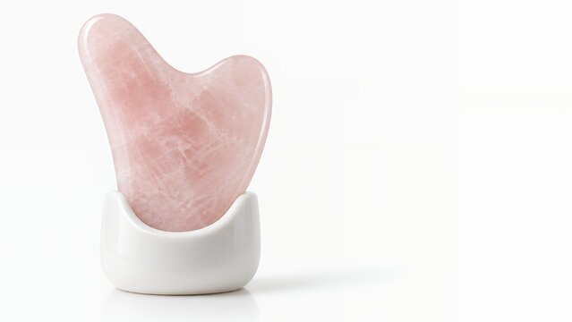 Rose Quartz Gua Sha Tool in White Ceramic Stand