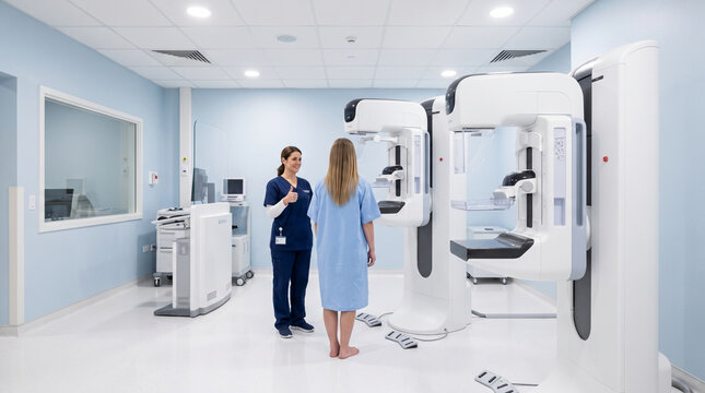Professional female doctor giving thumbs up to patient in mammogram clinic