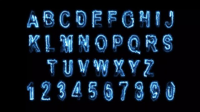 Blue neon electric fire alphabet and numbers set featuring glowing plasma energy letters, crackling lightning typography, and powerful futuristic fx on a solid black background