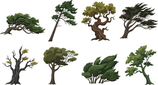 Diverse trees bent by strong wind during a storm with isolated white background vector illustration