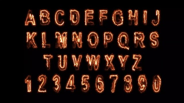 Flaming alphabet and numbers burning animation set featuring vibrant glowing fire effects, hot orange and yellow flames, high-impact dynamic digital projects