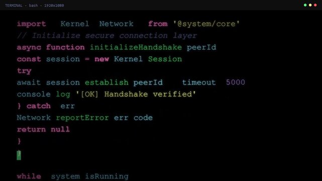 Computer code screen with JavaScript syntax highlighting, software development process, secure connection logic, programming architecture and network protocols