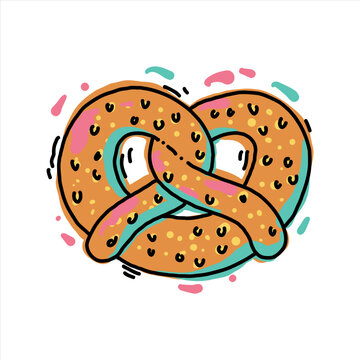 Hand drawn salted pretzel doodle illustration