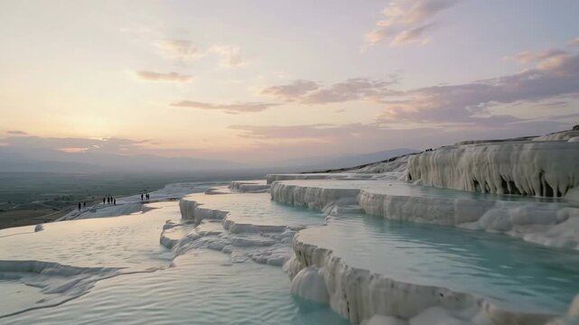 Pamukkale's otherworldly travertines glow under a soft twilight sky, showcasing cascading pools of turquoise water set against a dramatic, natural landscape.