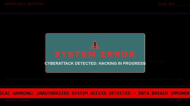 Digital system error message with cyberattack notification, red alert warning, data breach threat, hacking in progress, information security risk