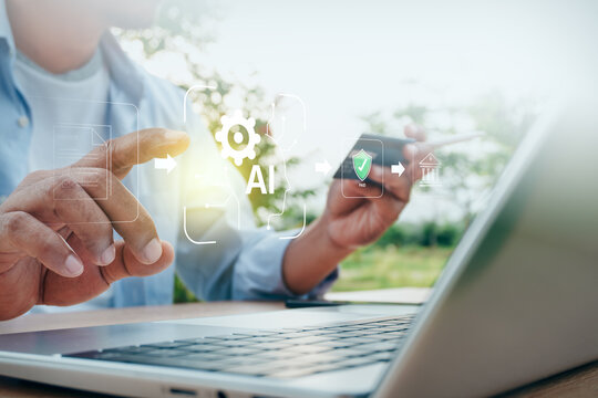 Man using laptop with AI invoice processing and secure payment interface in outdoor setting, concept of artificial intelligence automation, digital banking, and financial technology.