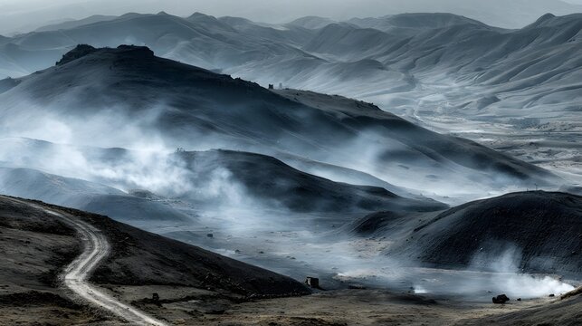 of undulating translucent hills, unexpected curves, misty valleys, soft highlights, atmospheric perspective, surreal panoramic composition